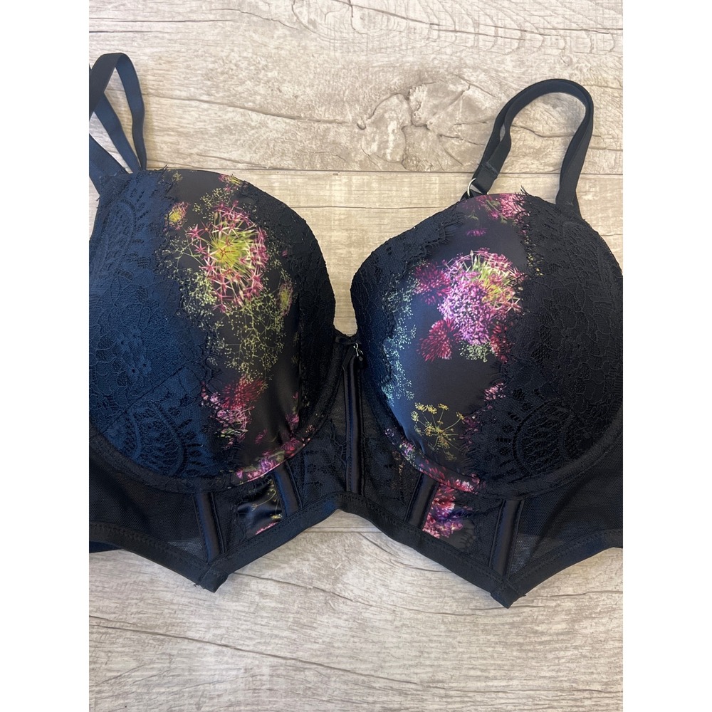 Hunkemoller Black Floral‎ Lace Longline Bra 38D Padded Underwire Mesh Panels